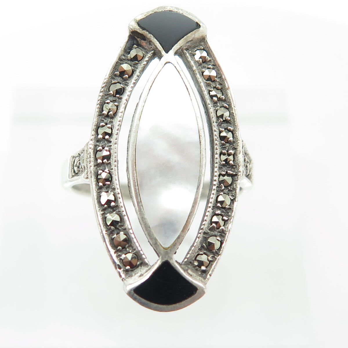 925 Sterling Silver Antique Art Deco Real Black Onyx Marcasite & MOP Ring Size 7