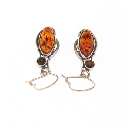 925 Sterling Silver Vintage Real Amber Modernist Dangle Earrings