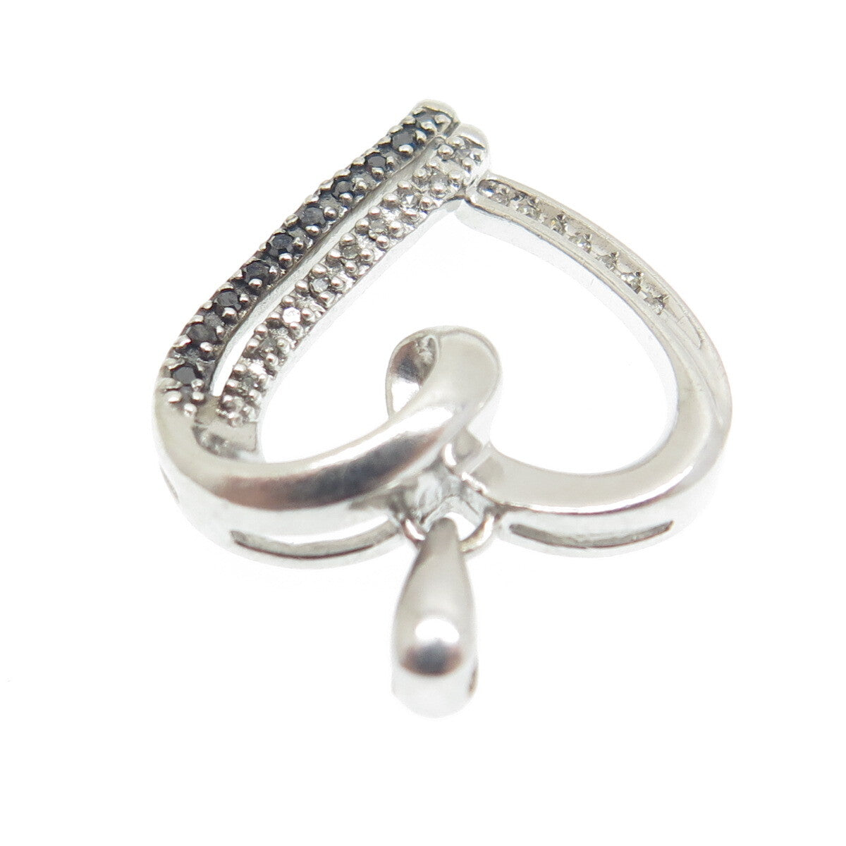 925 Sterling Silver Real Round-Cut Black & White Diamond Heart Charm Pendant