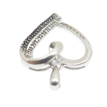 925 Sterling Silver Real Round-Cut Black & White Diamond Heart Charm Pendant