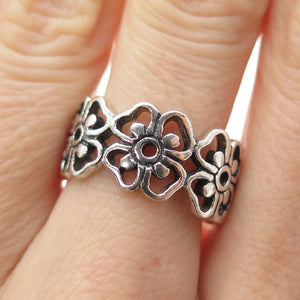 925 Sterling Silver Vintage Flower Blossom Oxidized Band Ring Size 8.25