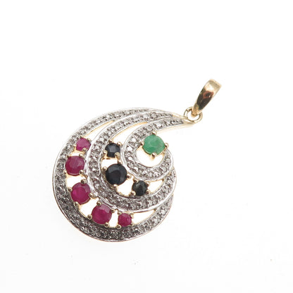 Ross Simons 925 Sterling Real Diamond Accent Ruby Sapphire Emerald Flame Pendant