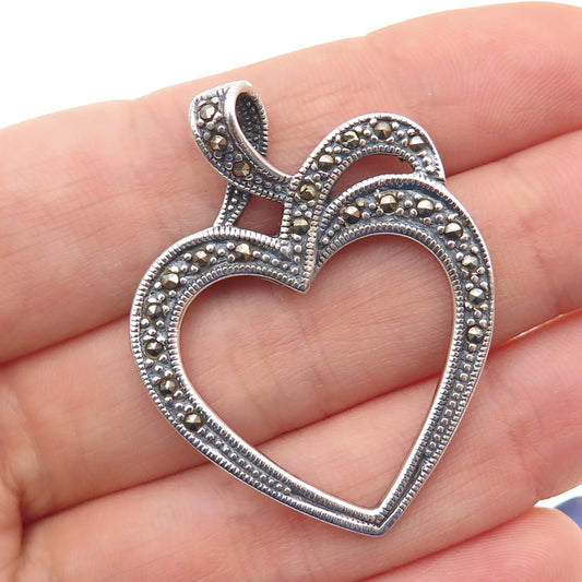 925 Sterling Silver Vintage Real Marcasite Ribbon Heart Oxidized Charm Pendant