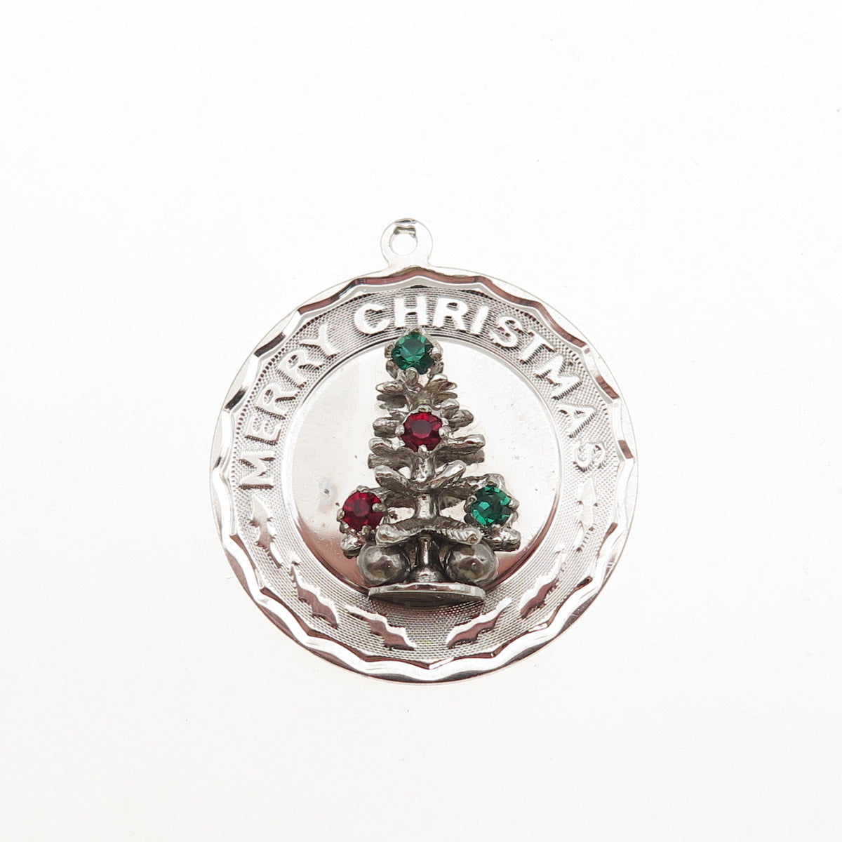 925 Sterling Silver Vintage Rhinestone Merry Christmas Tree Charm Pendant