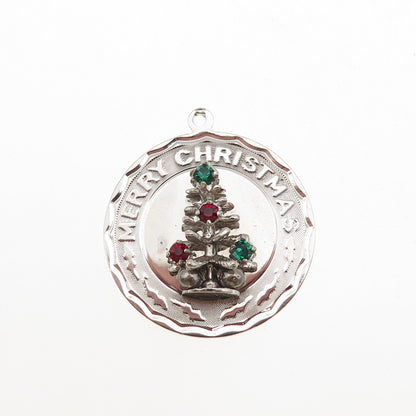 925 Sterling Silver Vintage Rhinestone Merry Christmas Tree Charm Pendant