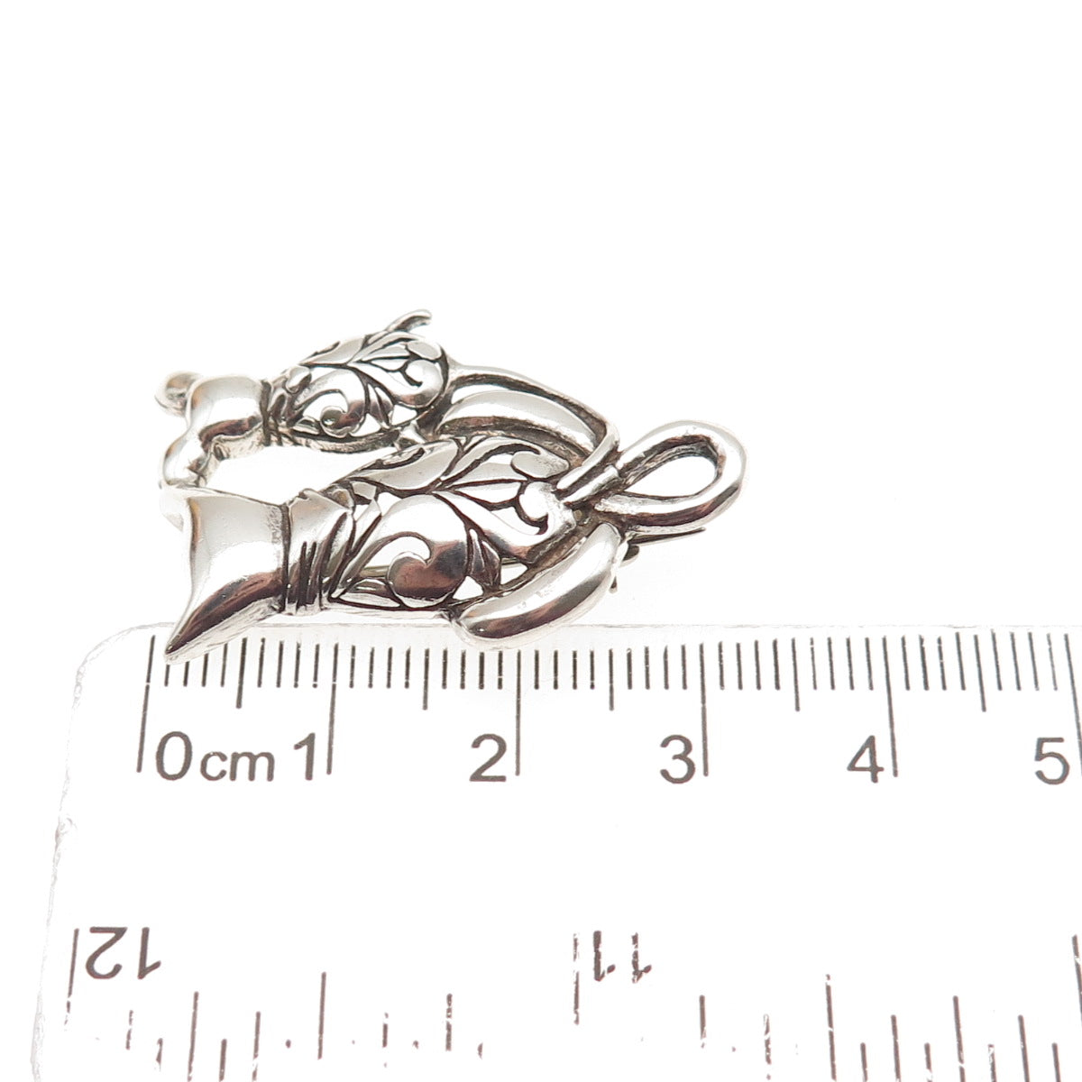 JEZLAINE 925 Sterling Silver Vintage Cat & Mouse Floral Oxidized Pin Brooch