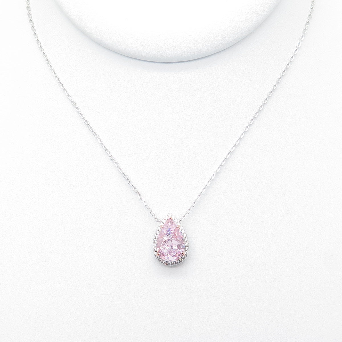DSMK 925 Sterling Silver White & Pink C Z Teardrop Cable Chain Necklace 16-18"