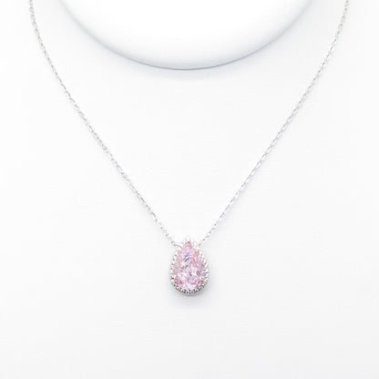DSMK 925 Sterling Silver White & Pink C Z Teardrop Cable Chain Necklace 16-18"