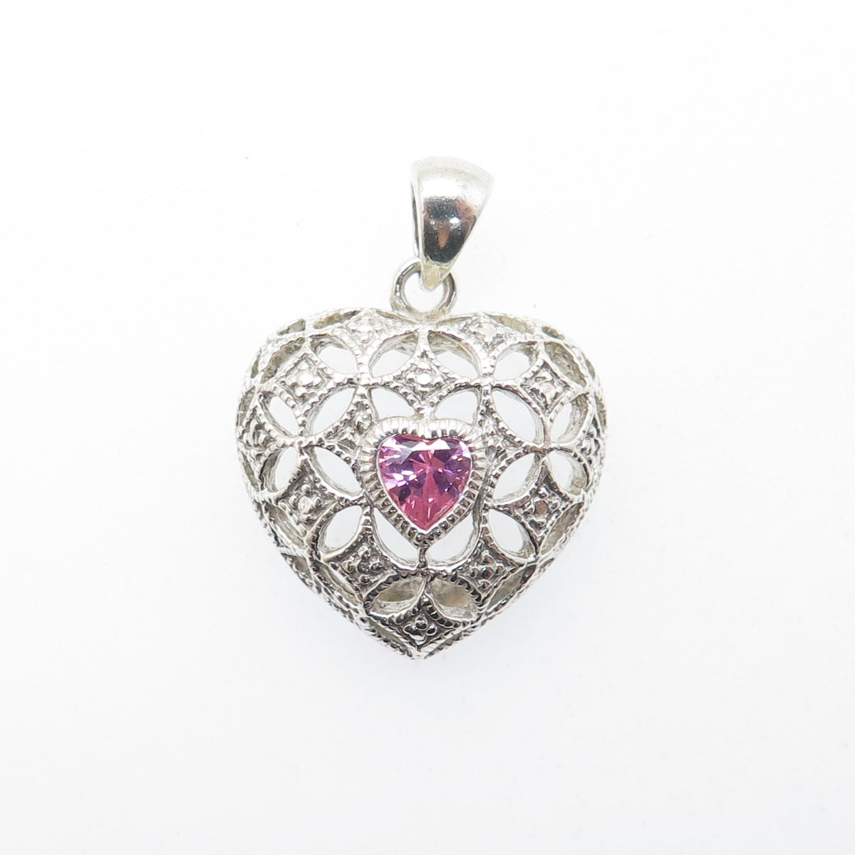 AVON 925 Sterling Silver Vintage Pink C Z Heart Charm Pendant
