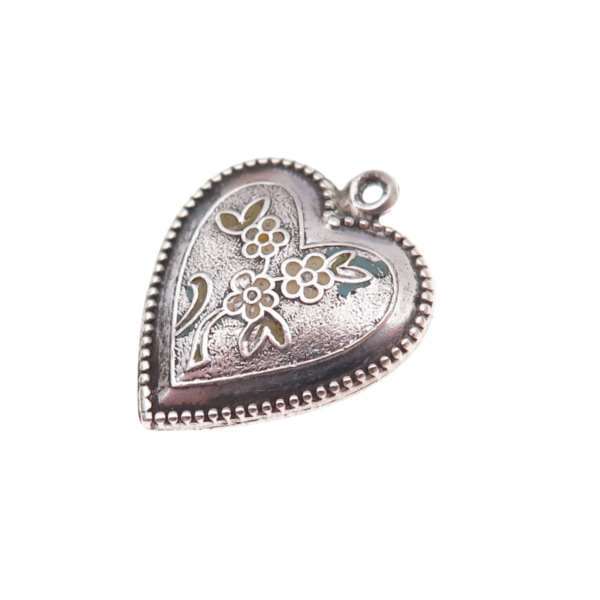 925 Sterling Silver Antique Art Deco Enamel Floral Heart Chatelaine Pendant