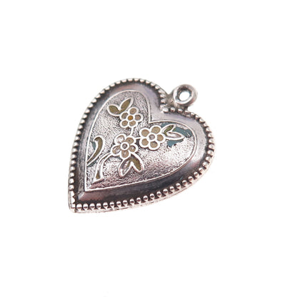 925 Sterling Silver Antique Art Deco Enamel Floral Heart Chatelaine Pendant
