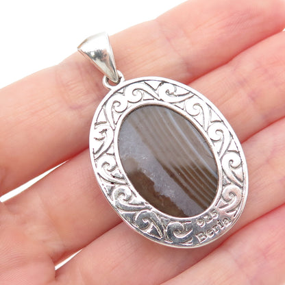 BERIA 925 Sterling Silver Vintage Real Agate Granulated Oxidized Charm Pendant