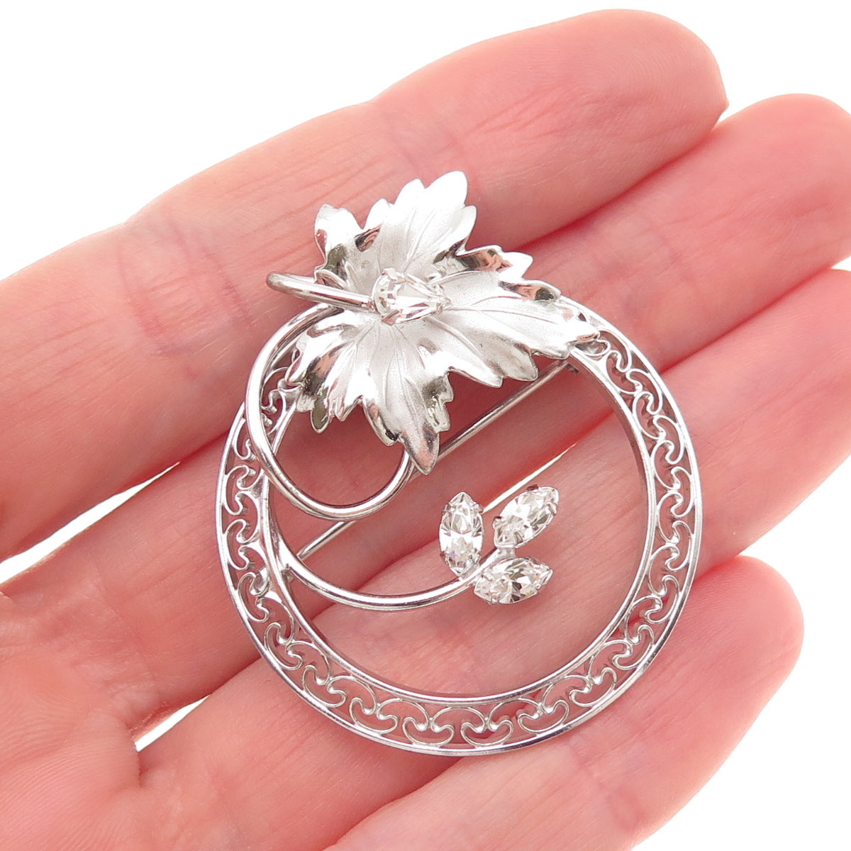 Carl Art 925 Sterling Silver Vintage Rhinestone Floral Leaf Pin Brooch