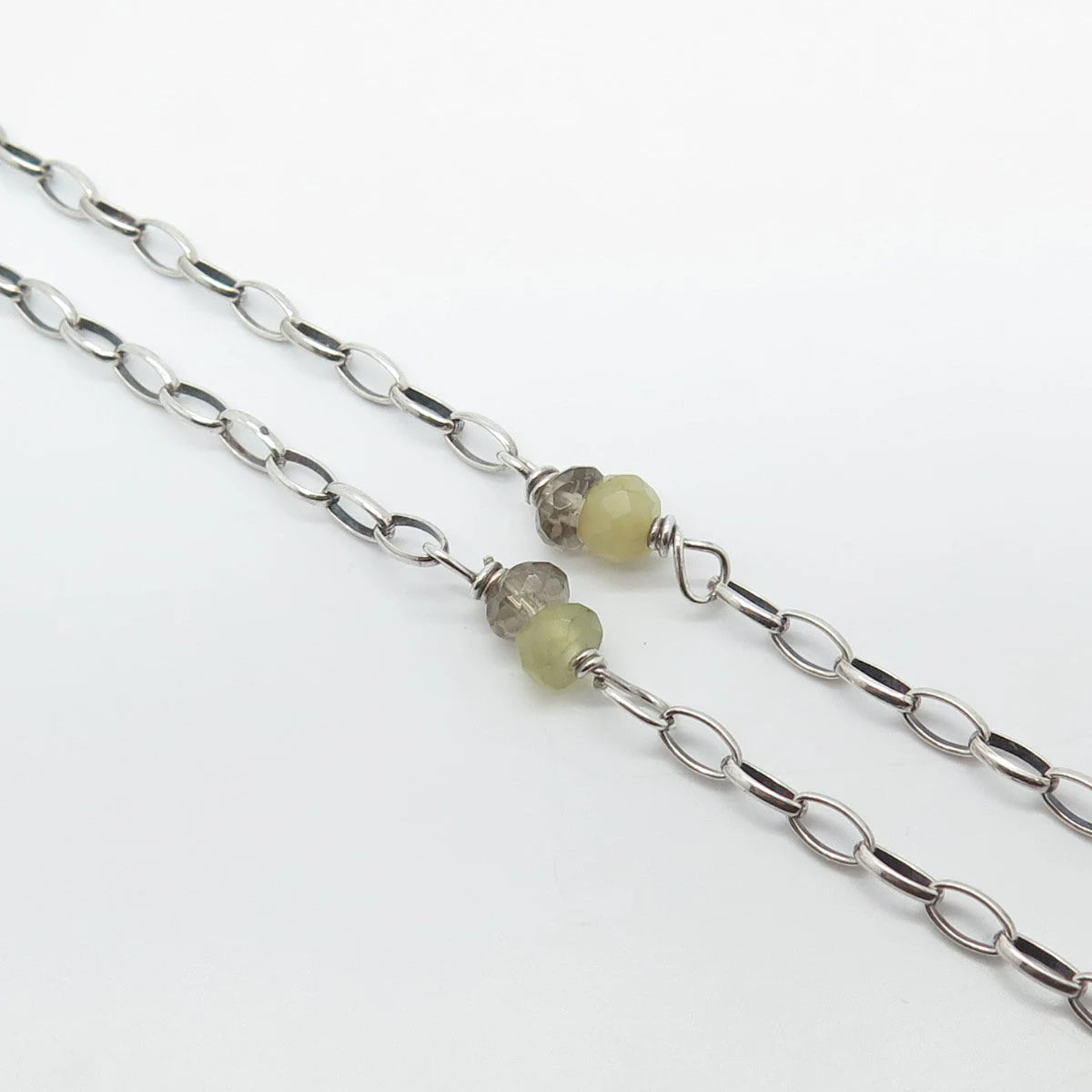 925 Sterling Silver Vintage Smoky Quartz & Chalcedony Gem Chain Necklace 16"