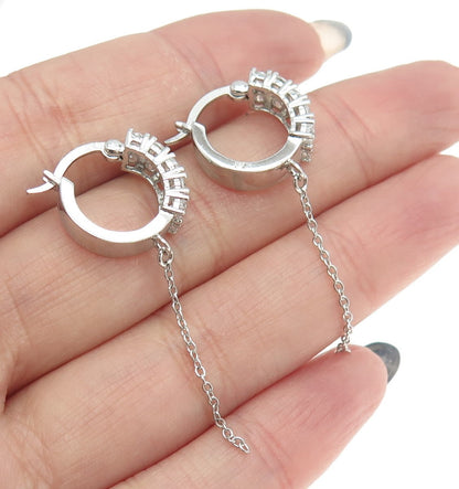 925 Sterling Silver C Z Hinged Hoop w/ Chain Earrings