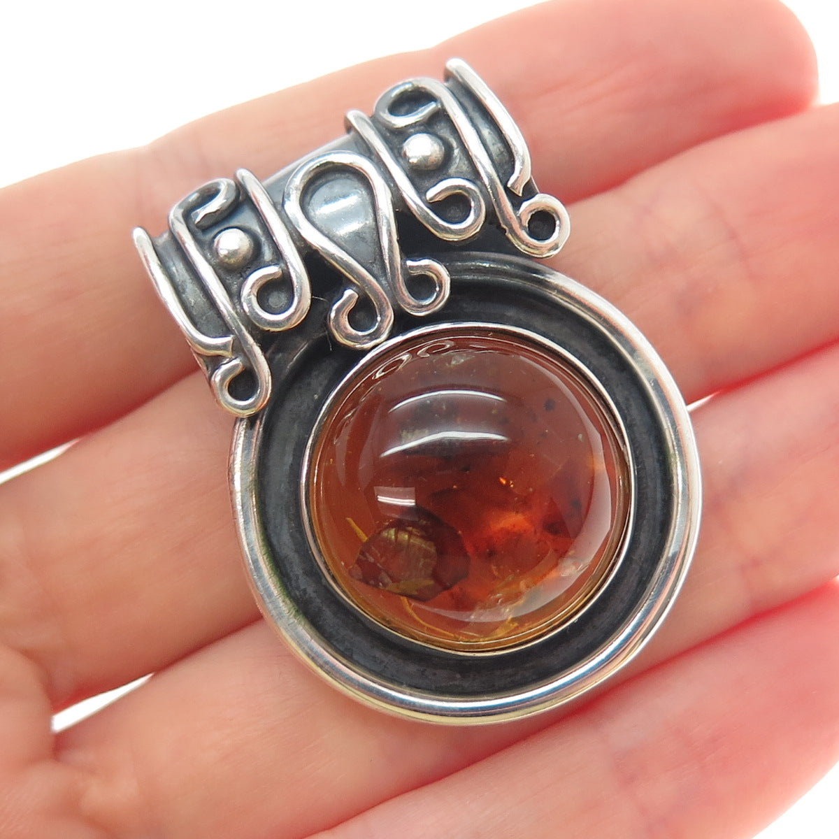 925 Sterling Silver Vintage MAC Artisan Real Amber Oxidized Slide Charm Pendant