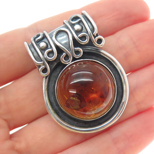 925 Sterling Silver Vintage MAC Artisan Real Amber Oxidized Slide Charm Pendant