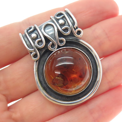 925 Sterling Silver Vintage MAC Artisan Real Amber Oxidized Slide Charm Pendant