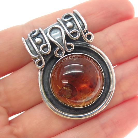 925 Sterling Silver Vintage MAC Artisan Real Amber Oxidized Slide Charm Pendant