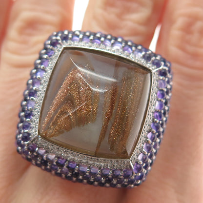 925 Sterling Silver Real Rutilated Quartz Amethyst & C Z Statement Ring Size 7