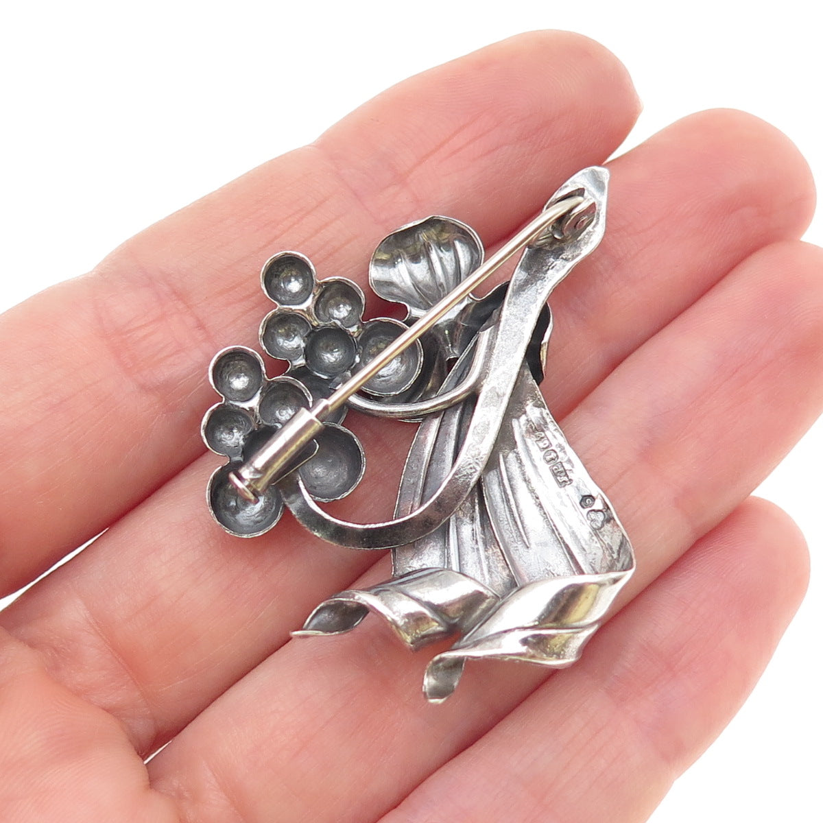 Pinco Forening Sterling Silver Vintage 1957 Sweden Flower Oxidized Pin Brooch
