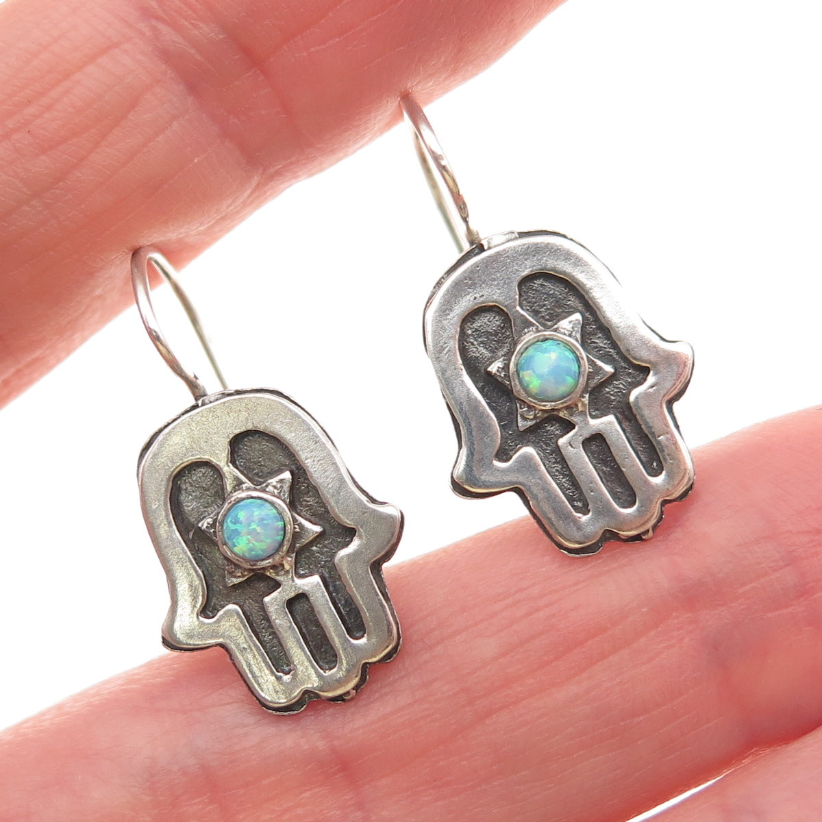 925 Sterling Silver Vintage Real Opal Star of David Hamsa Judaica Earrings