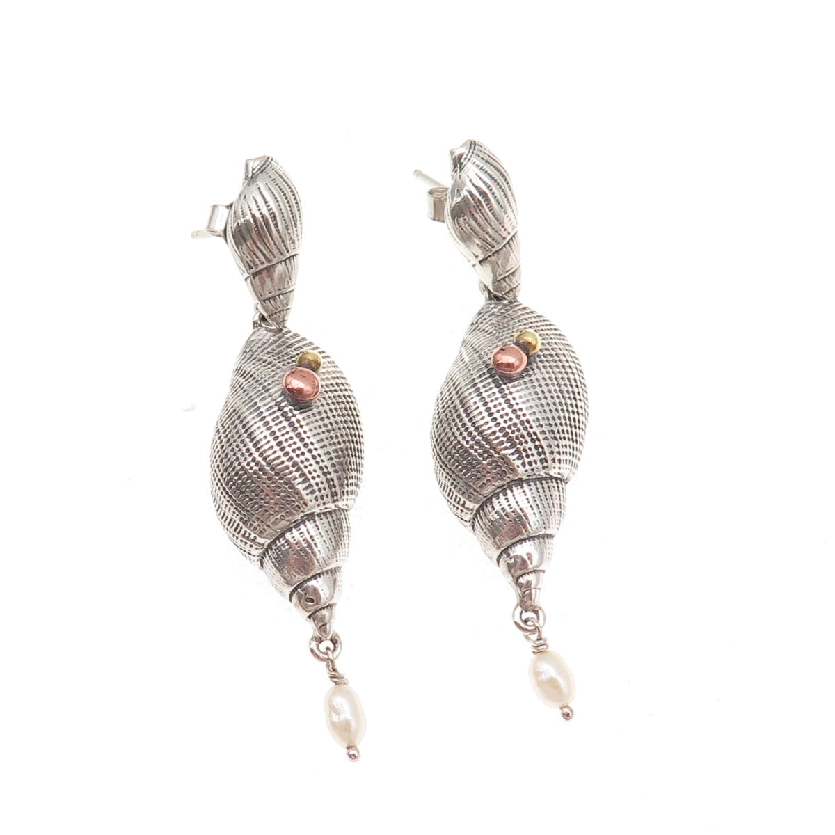 925 Sterling Silver 3-Tone Vintage Real Pearl Seashell Oxidized Dangle Earrings