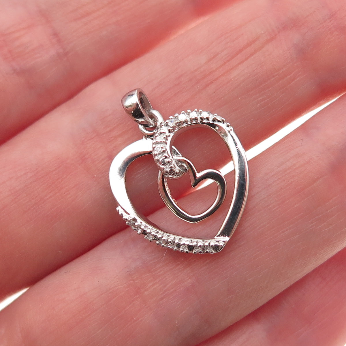 925 Sterling Silver Round-Cut C Z Double Heart Mini Charm Pendant