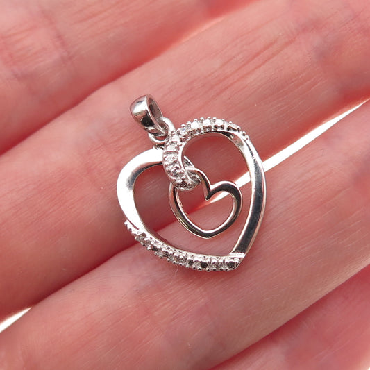 925 Sterling Silver Round-Cut C Z Double Heart Mini Charm Pendant