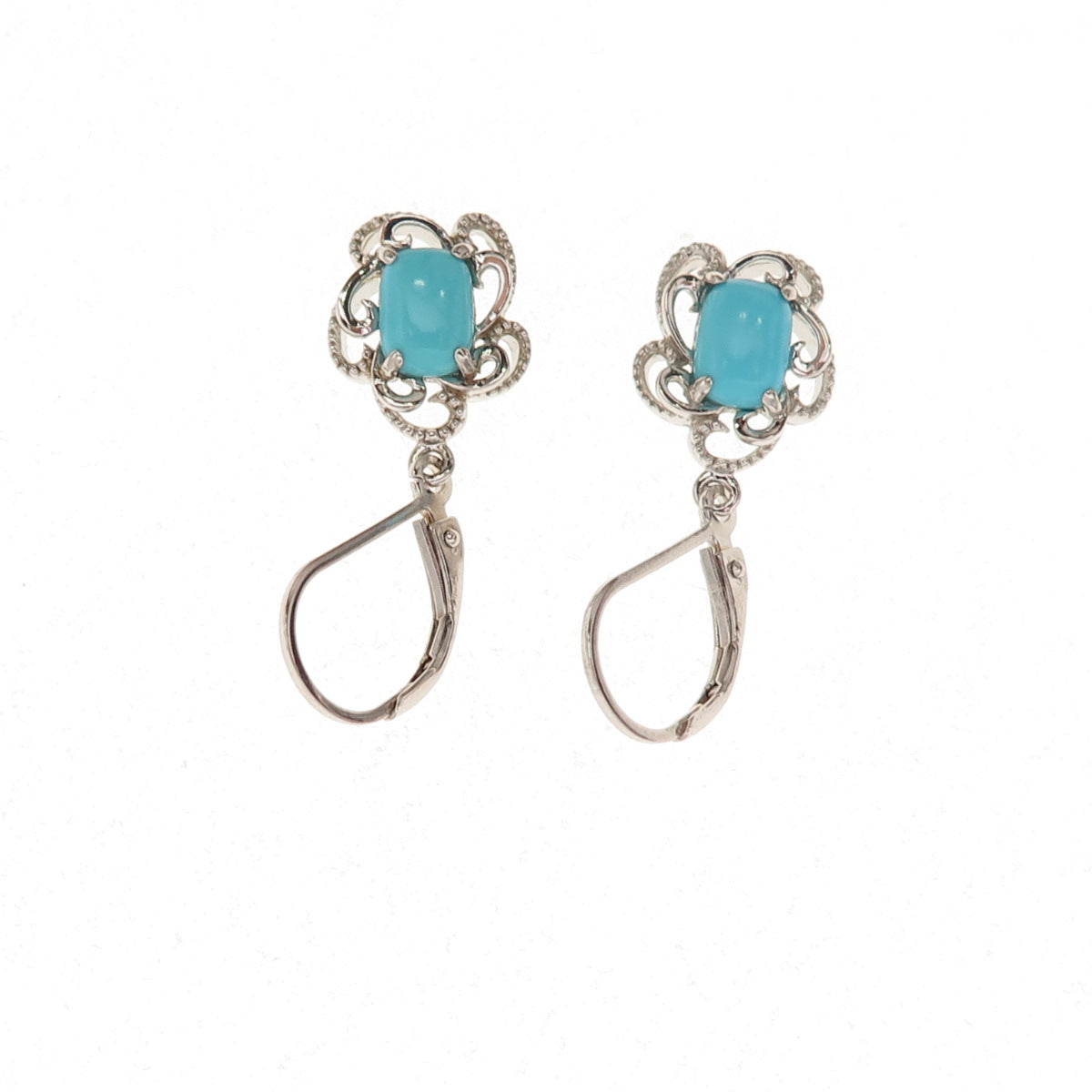925 Sterling Silver Real Sleeping Beauty Turquoise Floral Dangle Earrings