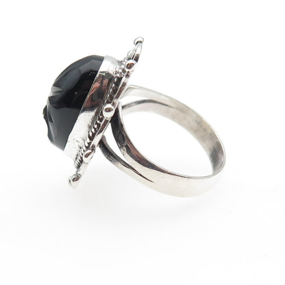 925 Sterling Silver Vintage Mexico Real Black Onyx Aztec God Ring Size 7.5