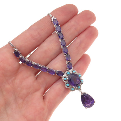 D'Joy 925 Sterling Silver Real Amethyst & Turquoise Cuban Chain Necklace 18-20"