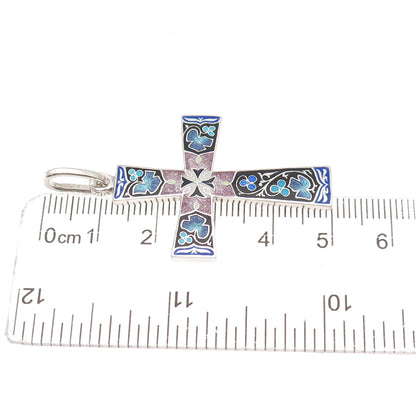 925 Sterling Silver Vintage European Cloisonne Enamel Floral Cross Charm Pendant