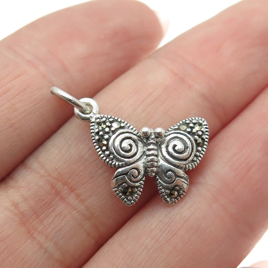 925 Sterling Silver Vintage Real Marcasite Butterfly Minimalist Charm Pendant