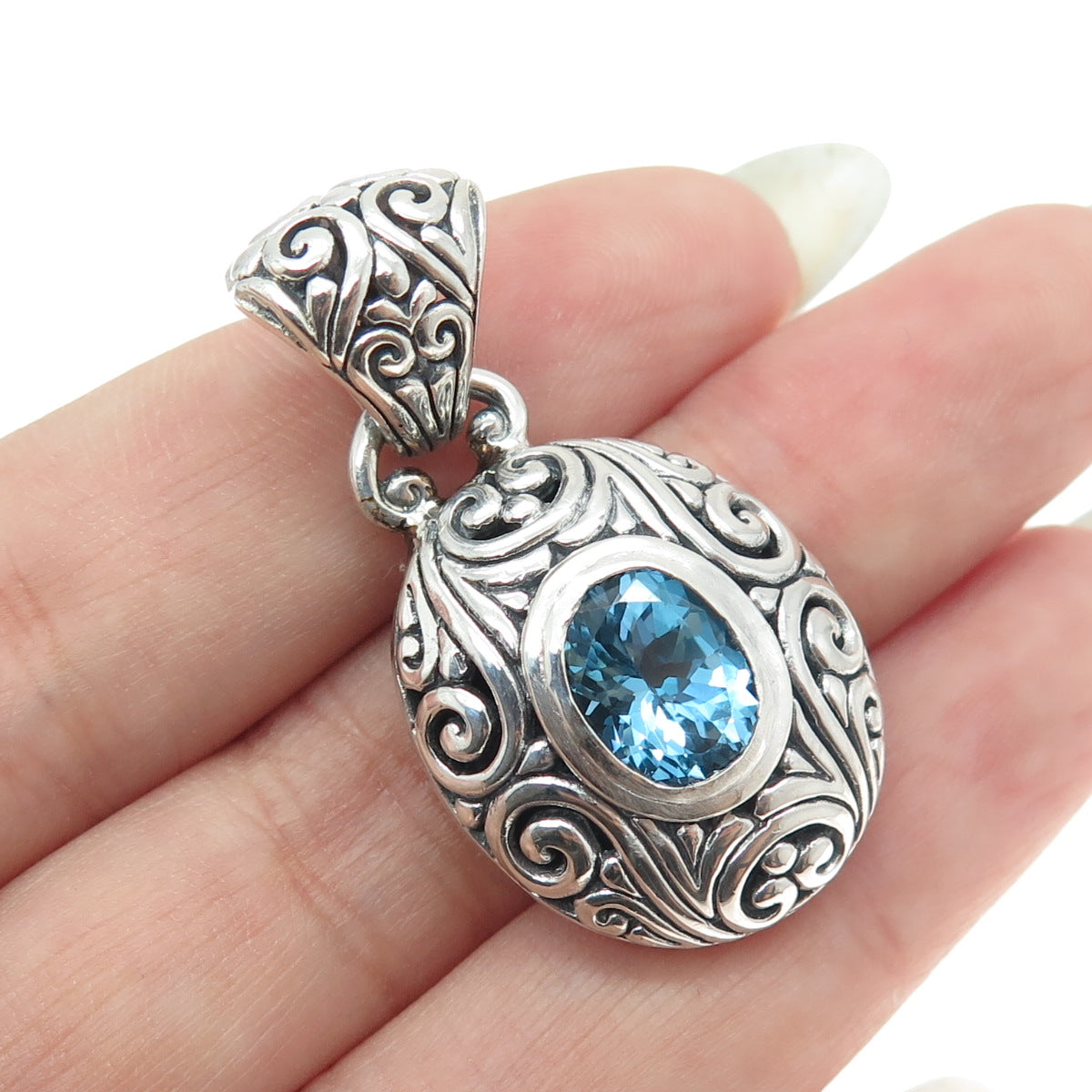 925 Sterling Silver Vintage Real Blue Topaz Gemstone Ornate Pendant