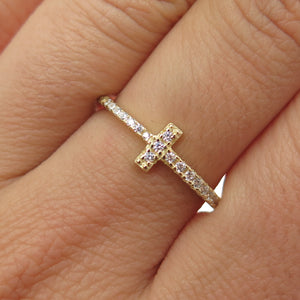 925 Sterling Silver Gold Plated Round-Cut C Z Cross Ring Size 8