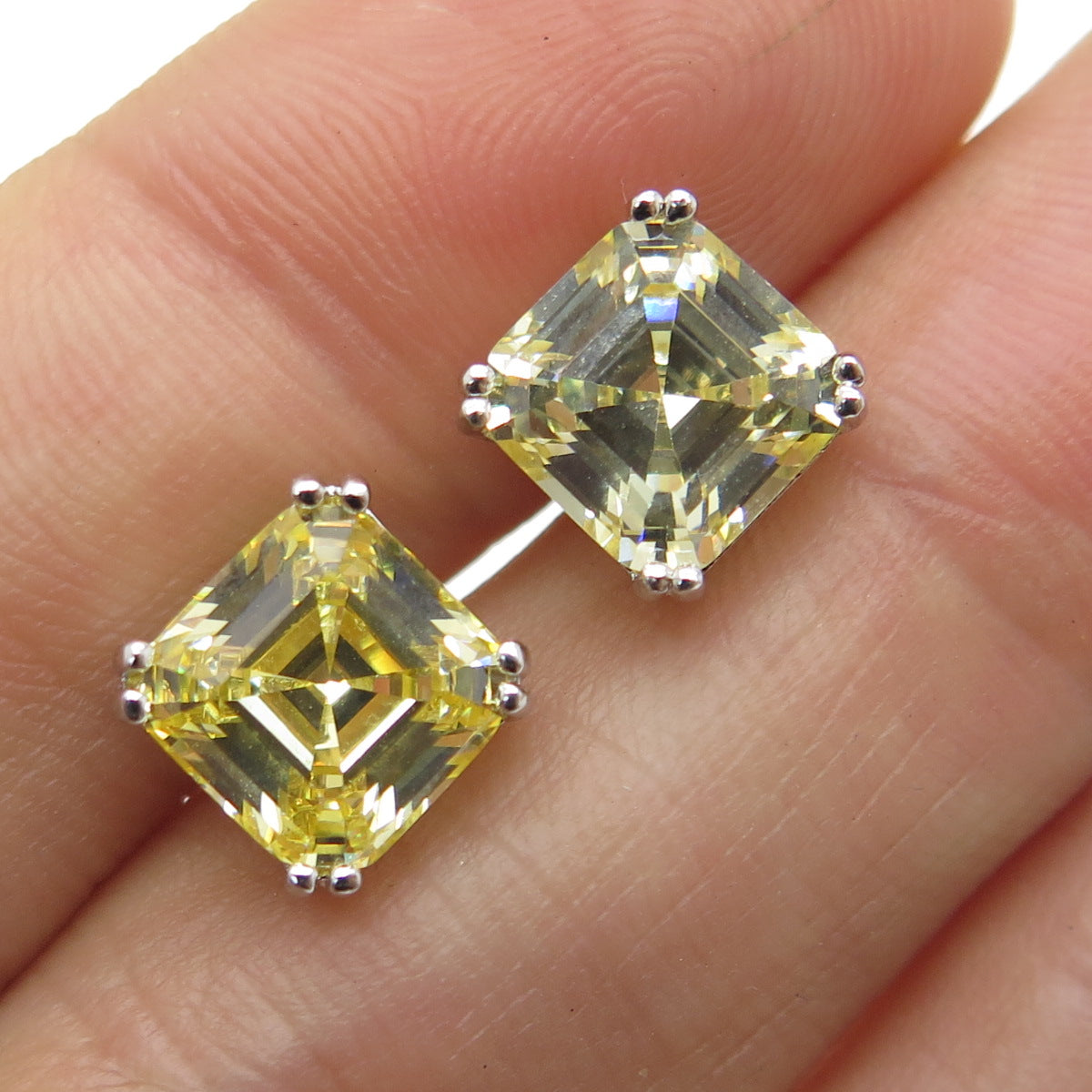 925 Sterling Silver Asscher-Cut Canary C Z Stud Earrings