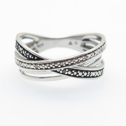 925 Sterling Silver Real Round-Cut Black & White Diamond Crisscross Ring Size 7