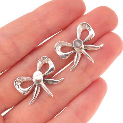 925 Sterling Silver Antique Art Deco Ribbon Bow Oxidized Screw Back Earrings