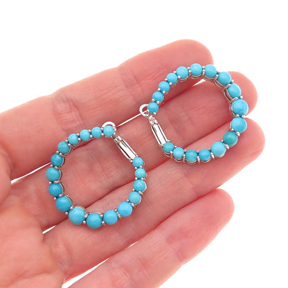 925 Sterling Silver Real Sleeping Beauty Turquoise Beaded Hoop Earrings