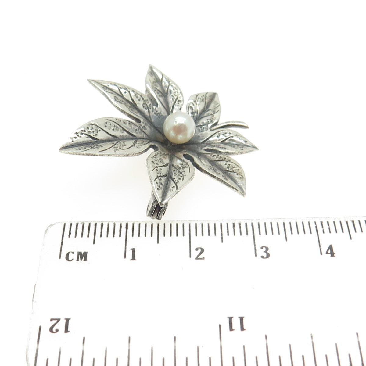 925 Sterling Silver Vintage Real Pearl Floral Pin Brooch