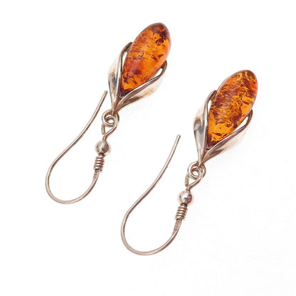 925 Sterling Silver Vintage Real Amber Modernist Floral Oxidized Dangle Earrings
