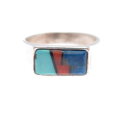 Teme Sunburst Old Pawn Sterling Silver Turquoise Coral Onyx Lapis Ring Size 9.75