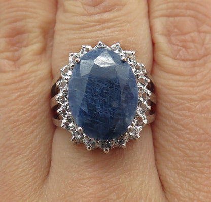 925 Sterling Silver Real Blue Sapphire & White Topaz Gemstone Ring Size 6.75