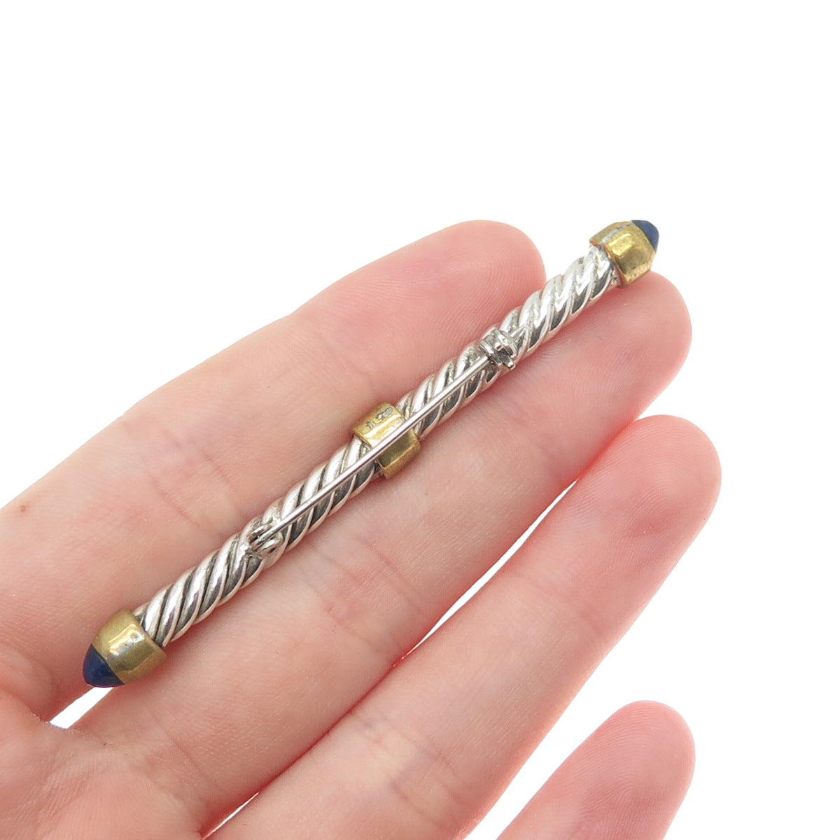 925 Sterling Silver 2-Tone Vintage Real Sodalite Bar Oxidized Pin Brooch