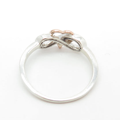 925 Sterling Silver & 10K Rose Gold Real Diamond Infinity Heart Ring Size 11.75