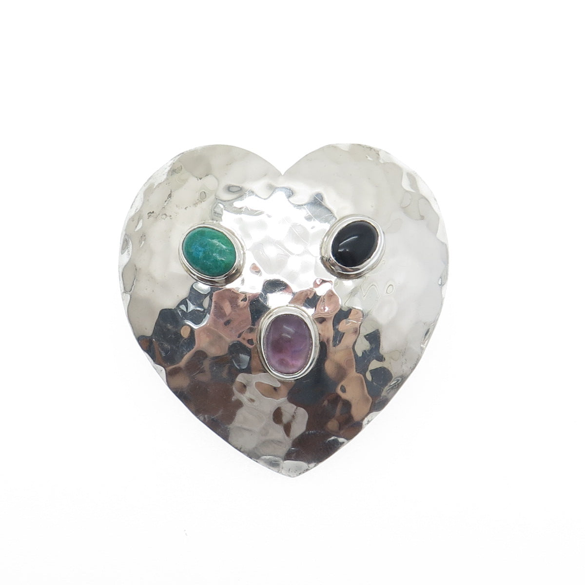 925 Sterling Silver Vintage Mexico Turquoise Amethyst Onyx Hammered Heart Brooch