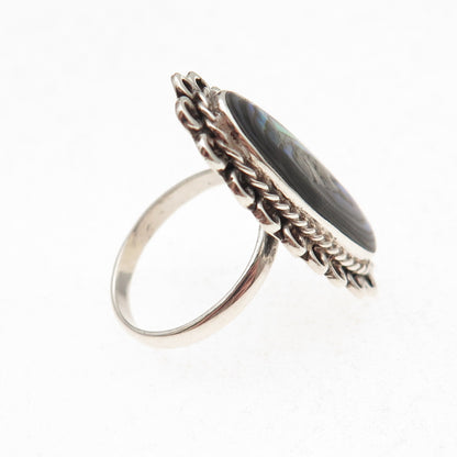 925 Sterling Silver Vintage Mexico Real Abalone Shell Oxidized Ring Size 4.75