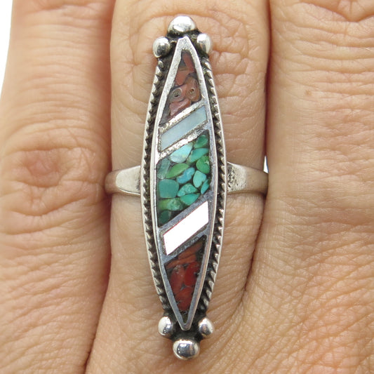 Old Pawn Sterling Silver Vintage Turquoise & Coral Inlay MOP Tribal Ring Size 6