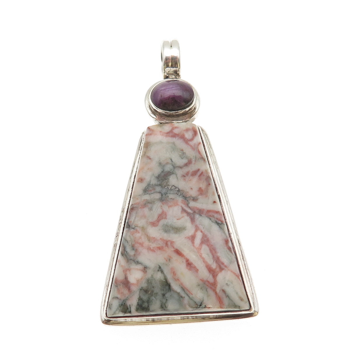 925 Sterling Silver Vintage Real Moss Agate & Ruby Large 27.0g Pendant